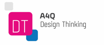 A4Q Design Thinking official logo featuring dark grey text next to an icon with a magenta square containing "DT", a blue square, and a light grey square against a white background.