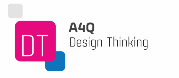 A4Q Design Thinking official logo featuring dark grey text next to an icon with a magenta square containing "DT", a blue square, and a light grey square against a white background.