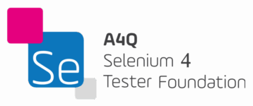 A4Q Selenium 4 Tester Foundation official logo featuring dark grey text next to an icon with a pink square, blue square containing "Se", and a light grey square against a white background.