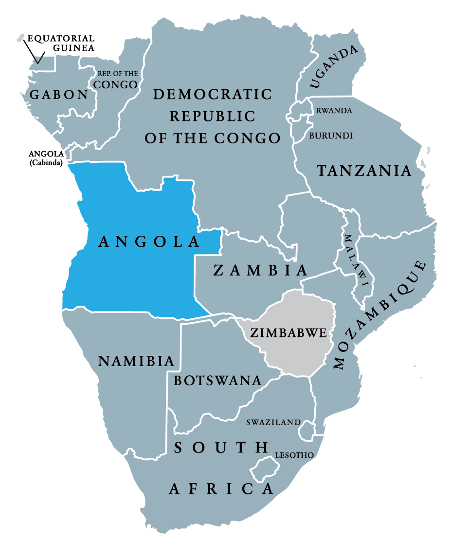 Map of Southern and Central Africa highlighting Angola in blue, bordered by Namibia, Zambia, and the Democratic Republic of the Congo.