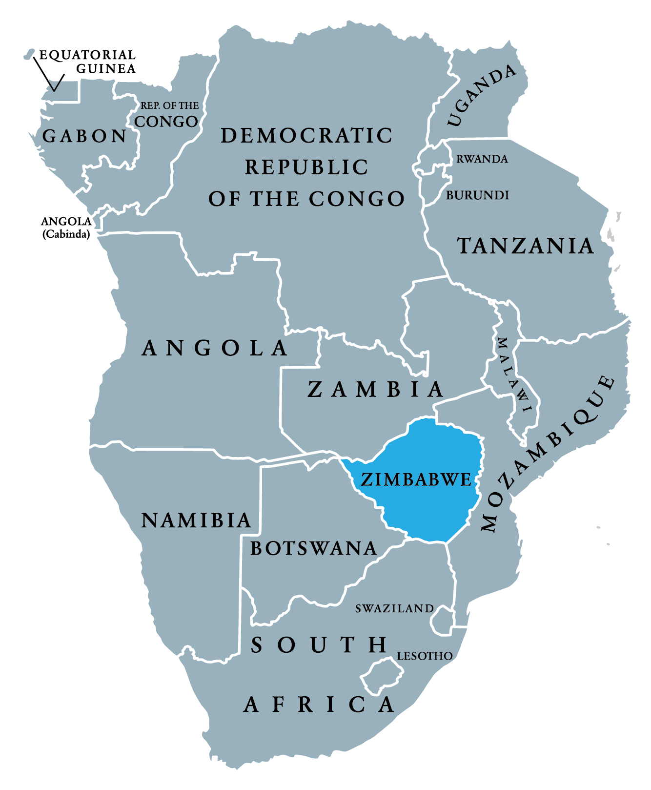 A map of Southern and Central Africa with Zimbabwe highlighted in bright blue, surrounded by neighboring countries like South Africa, Botswana, Zambia, and Mozambique.