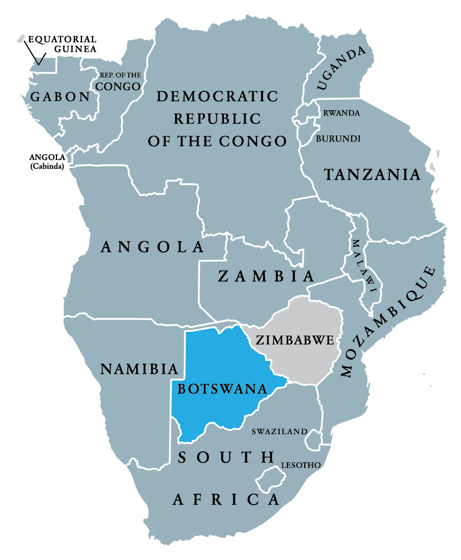 Map of central and southern Africa highlighting Botswana in blue as an active service region.